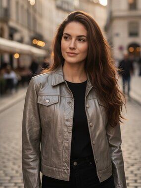 Metrostyle Metallic Grey 100% Leather Trucker Jacket Women Size 14 Y2K Streetwea
